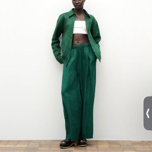 2023 Zara Linen Palazzo High-Waist Wide Leg Trousers (Bottle Green) AND Top